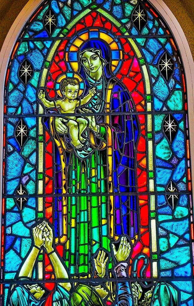 Virgin Mary Baby Jesus Stained glass Hallgrimskirkja Large Lutheran Church-Reykjavik